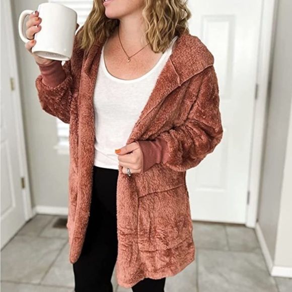 Fleece Cardigans for Women Fuzzy Open Front Hooded Cardigans Winter coats nwt - Picture 1 of 7